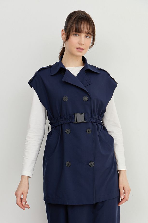Oversize Kemerli Midi Yelek Lacivert - 2