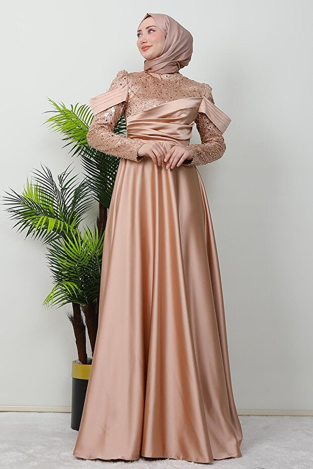 Kolu Drapeli Pullu Abiye Gold - 1