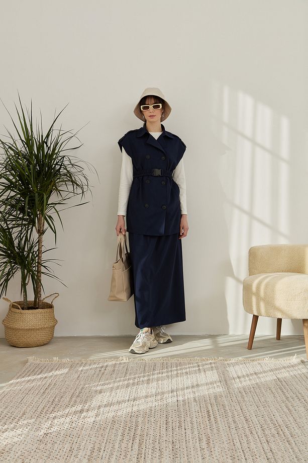 Oversize Kemerli Midi Yelek Lacivert - 1