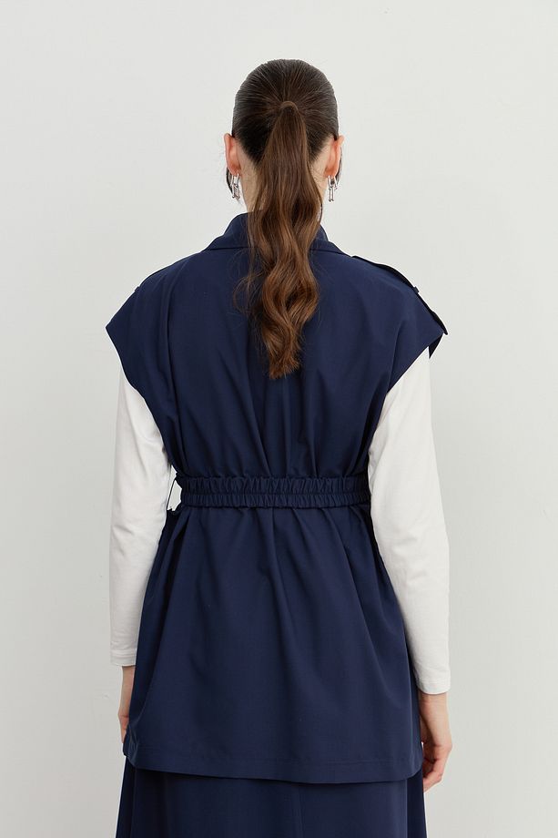 Oversize Kemerli Midi Yelek Lacivert - 5