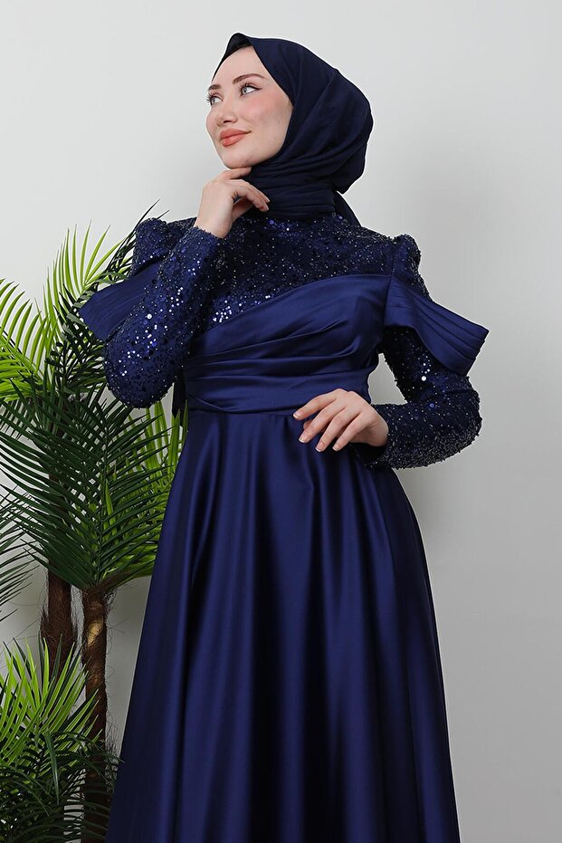 Kolu Drapeli Pullu Abiye Lacivert - 5