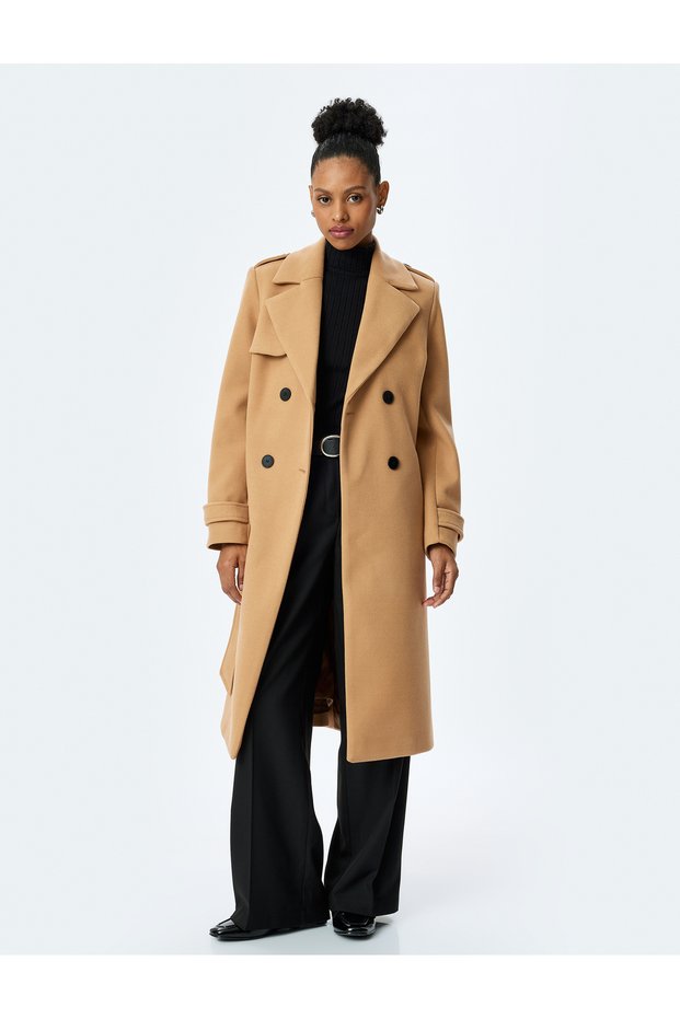 Pocketed Buttoned Double Breasted Belt Detailed Long Stamp Coat
