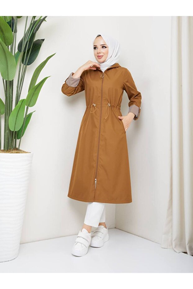 Striped Bondit Fabric Hijab Trench Coat Rc1205010