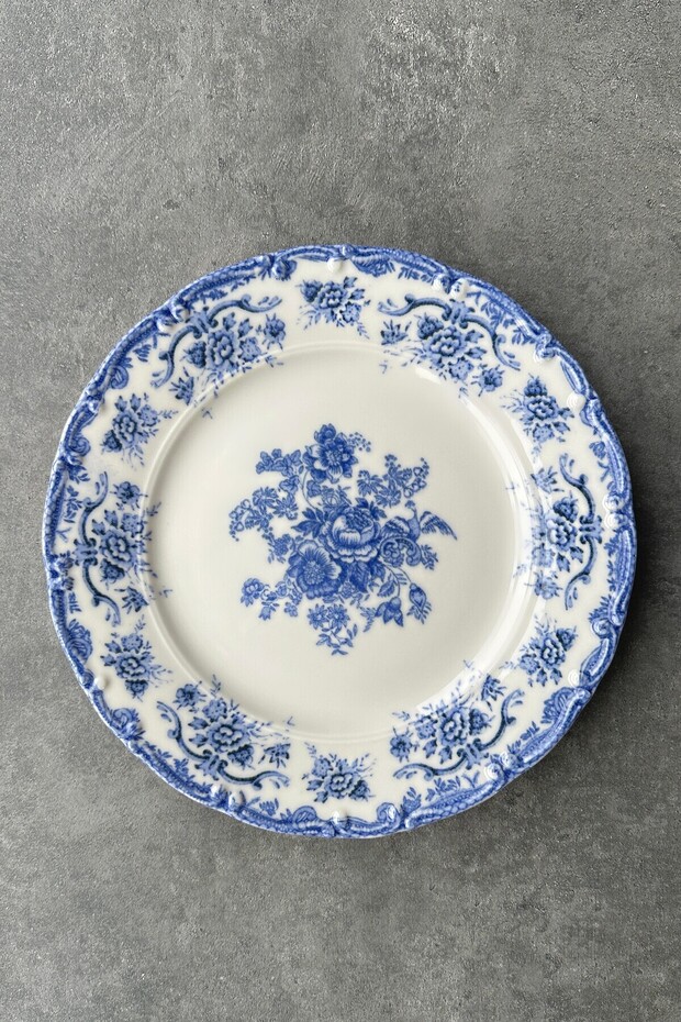 Antique Baby Blue 6-Person 25 cm Special Design Premium Porcelain Serving Plate Set with Blue Flowers