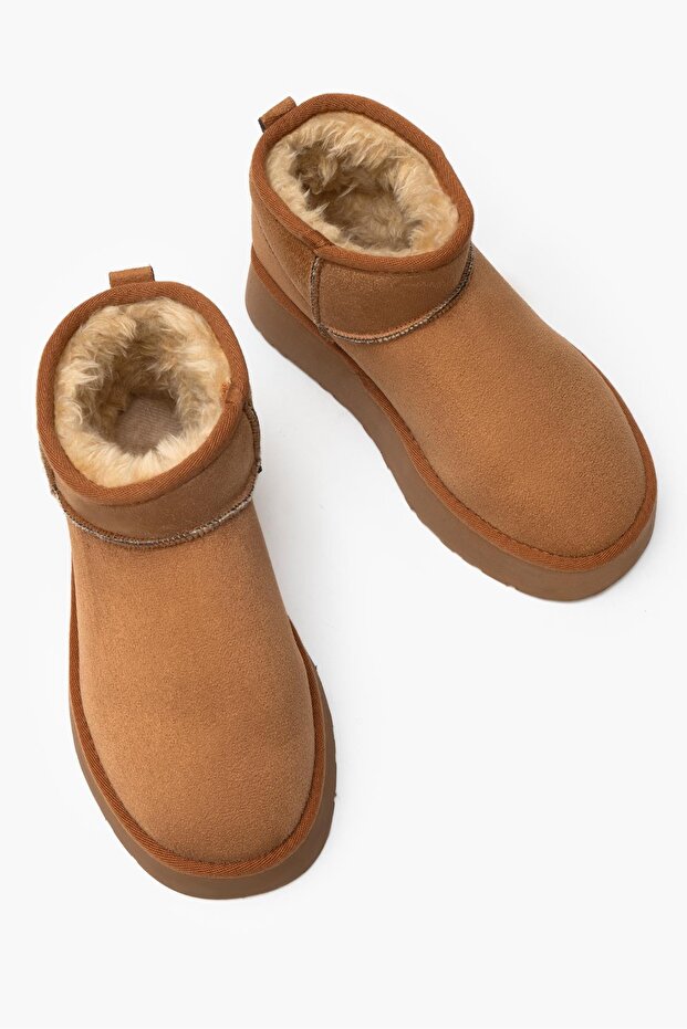 Women's Tan Suede Fur Lined Casual Boots Thick Sole Ankle Short Warm Bootie Comfortable Stylish Shoes