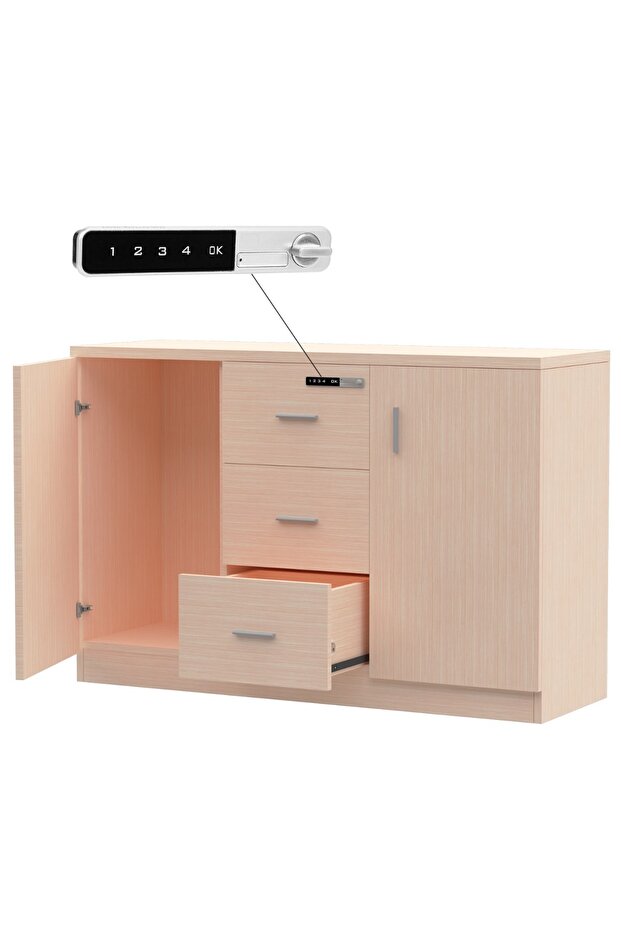Carre 1147 Storage Cabinet with 3 Storage Drawer and 2 Side Door with Touch Screen Lock-Oak