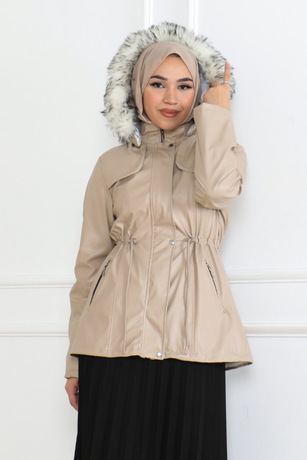 Hooded Short Leather Coat with Side Pockets and Zipper - Brc6263