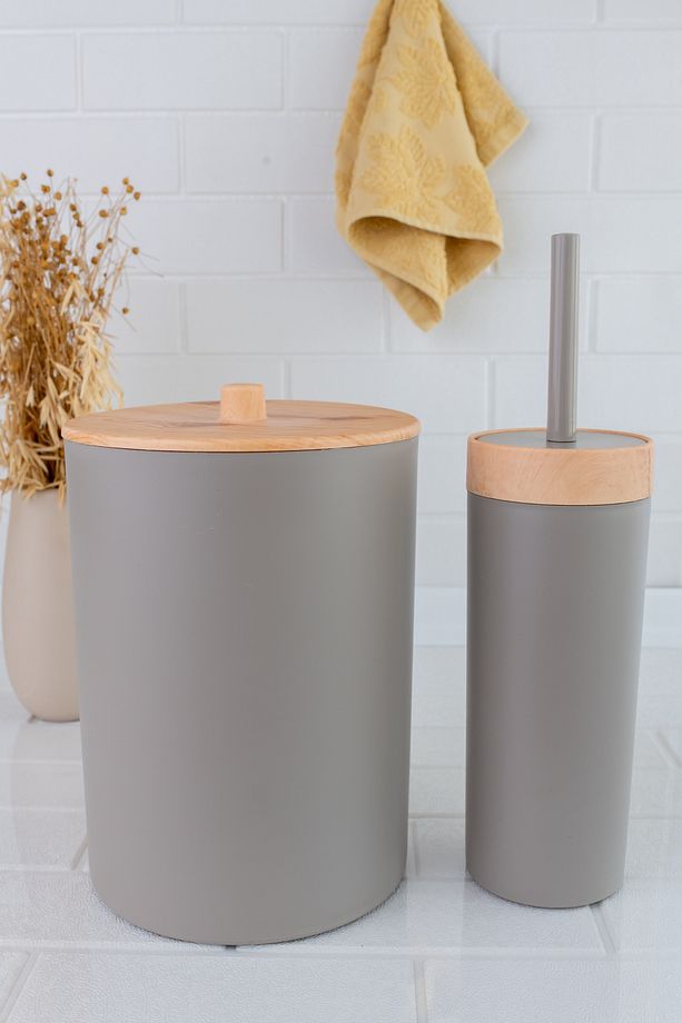 Bambu Desenli Çöp Kovası Ve Klozet Wc Fırçası 2’li Set - 2
