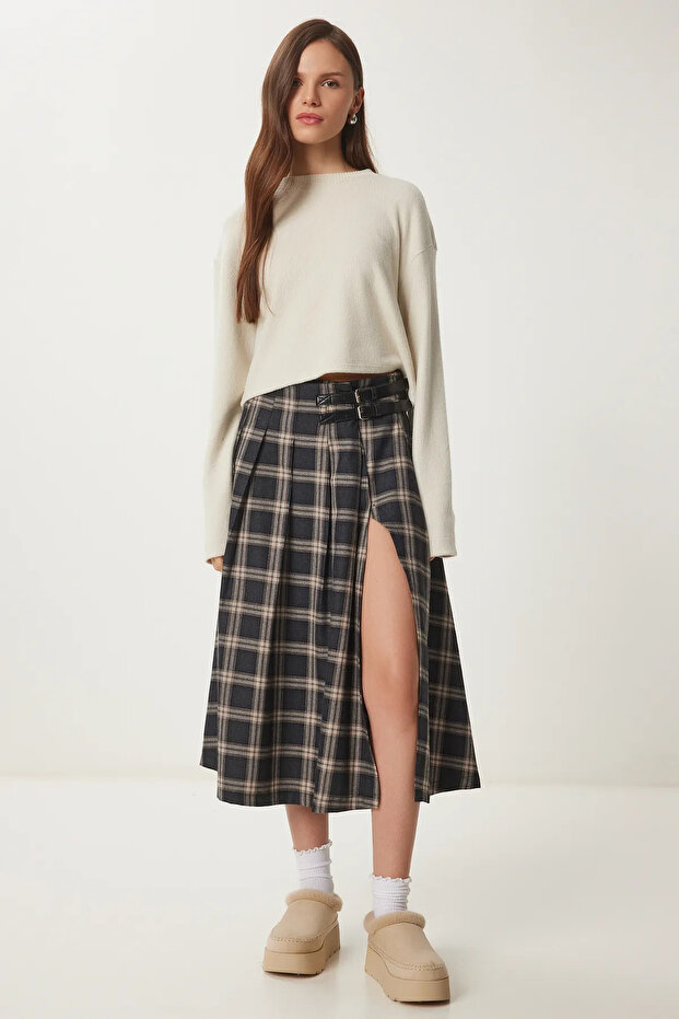 Front Slit Plaid Patterned Belted Skirt - 2