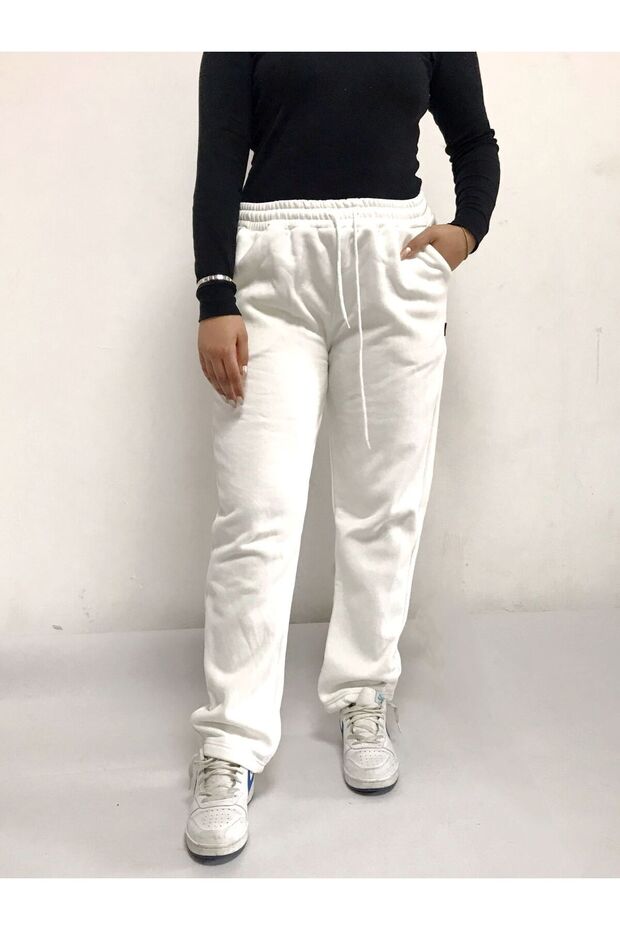 Women's Raised White Cotton Straight Leg Sweatpants