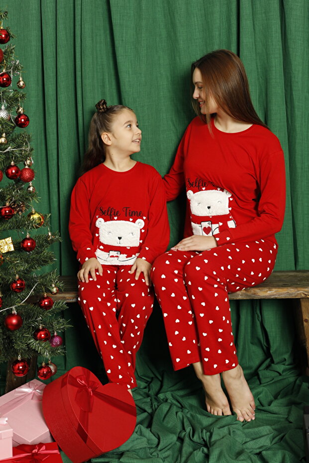 Kırmızı Ayı Desenli Pamuklu Likralı Pijama Takım - 1