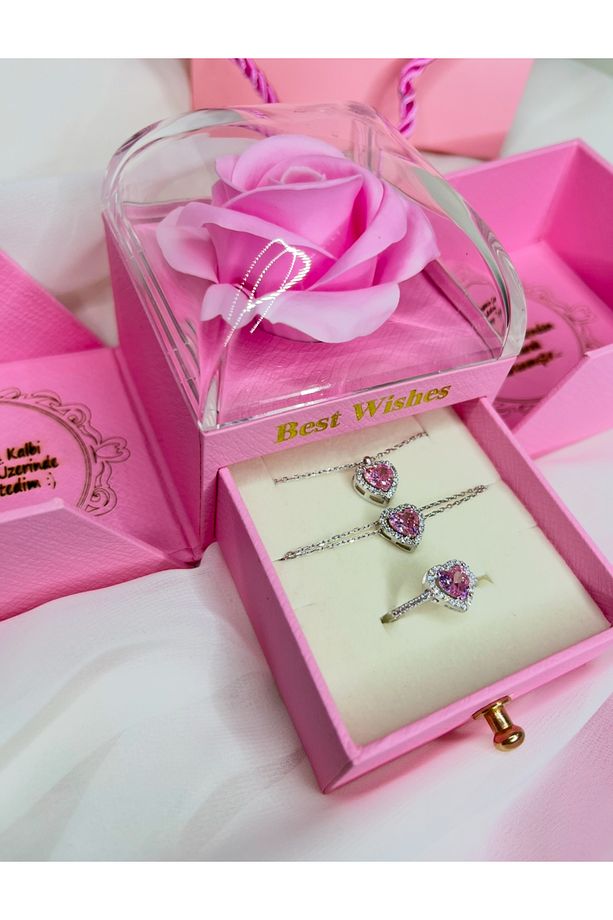 925ayar Gümüş Pandora’s Pembe Taşlı Kalpli Set - Özel Gül Takı Kutusu İle Birlikte - 1