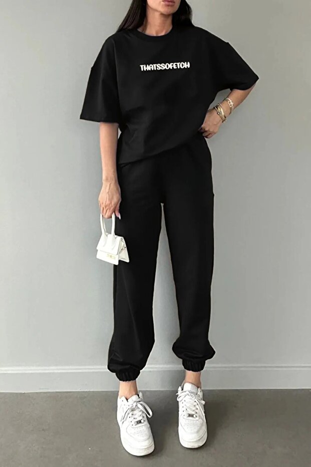 Thatssofetch Printed T-Shirt Sweatpants Jogger - Top and Bottom Sweatpants Set Oversize Crew Neck