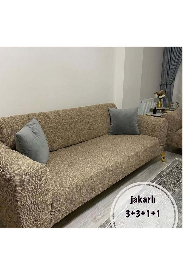 Jakarlı 3 3 1 1 Lastikli Kanepe Örtüsü | Lastikli Koltuk Örtüsü | Koltuk Kılıfı Takımı - 1