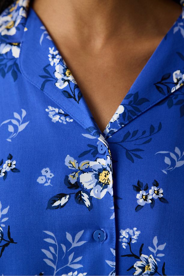 Çiçek Baskılı Saks Mavisi Gömlek Pantolon Pijama Takımı - 3