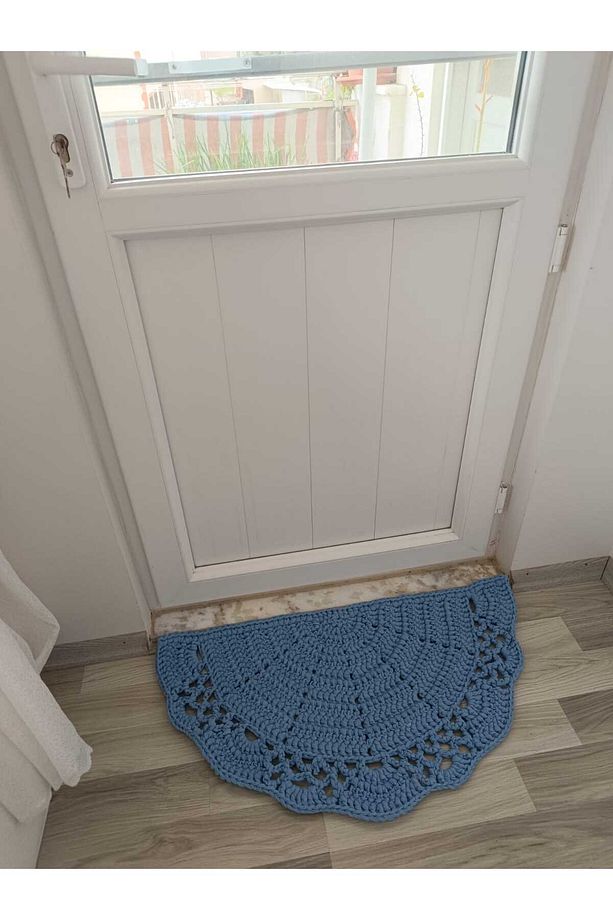 Buz Mavisi (90X45) %100 El Örgüsü Balkon/ Kapı Önü Yarım Ay Paspas - 4