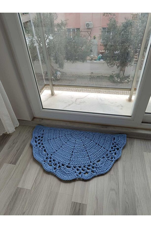 Buz Mavisi (90X45) %100 El Örgüsü Balkon/ Kapı Önü Yarım Ay Paspas - 5