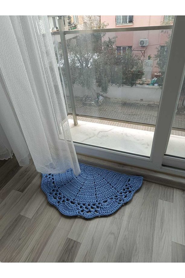 Buz Mavisi (90X45) %100 El Örgüsü Balkon/ Kapı Önü Yarım Ay Paspas - 1