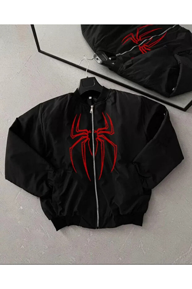 Unisex Long Sleeve Spider Printed Bomber Jacket - Black