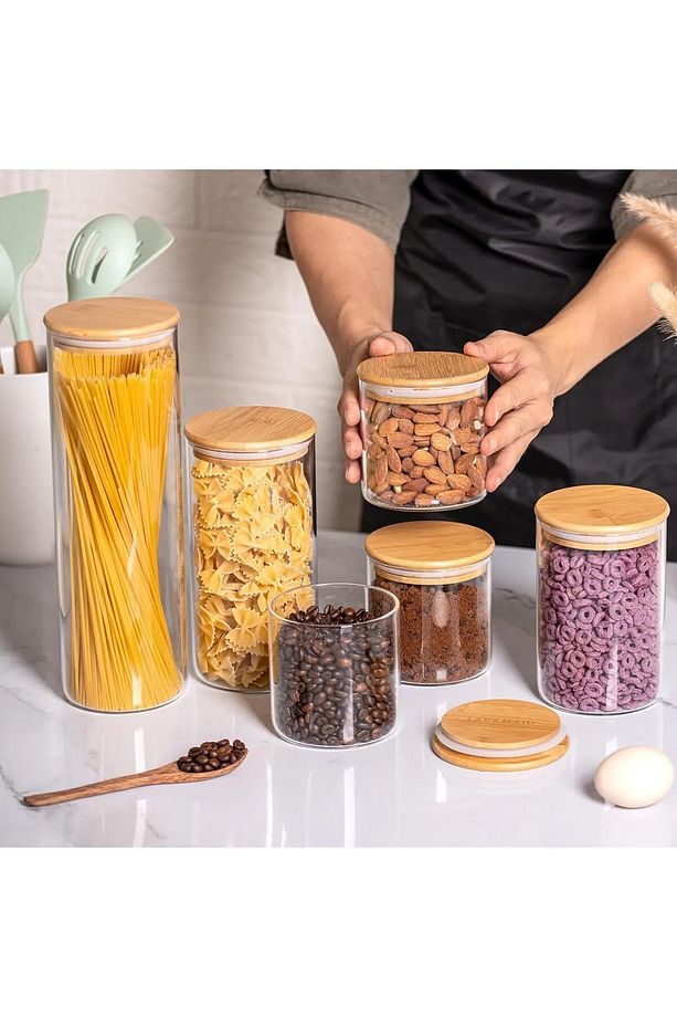 3 Adet 1300 ML Bambu Kapaklı Lüks Yuvarlak Bakliyat Seti - 3