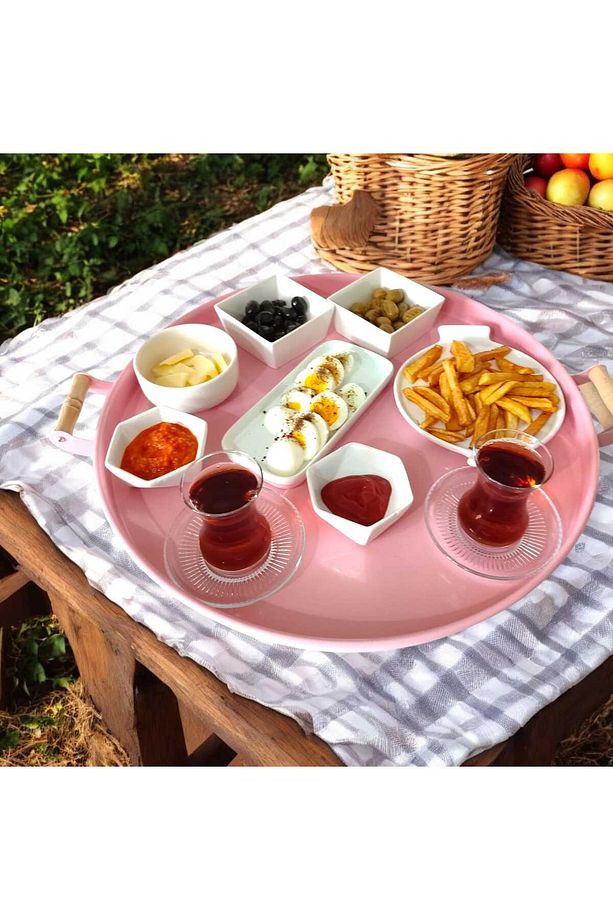 Ahşap Kulplu 50 Cm Yuvarlak Metal Tepsi Kahvaltı Çay Kahve Sunum Tepsisi - 1