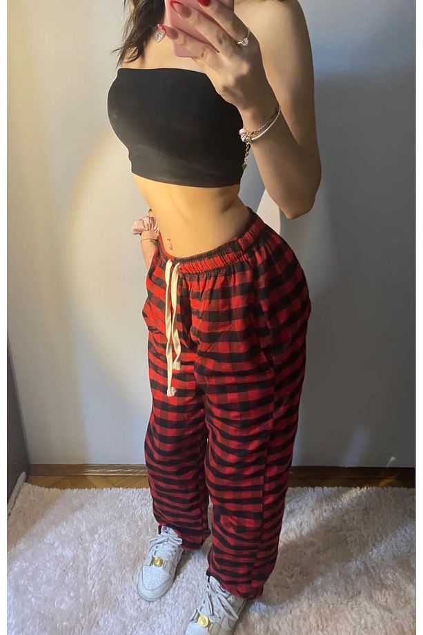 Kırmızı Siyah Kare Ekose Desenli Rahat Unisex Oversize Eşofman Altı Pijama - 2
