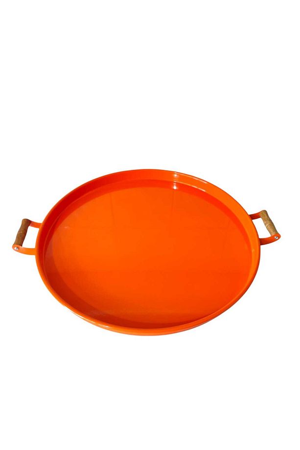 Ahşap Kulplu 50 Cm Yuvarlak Metal Tepsi Kahvaltı Çay Kahve Sunum Tepsisi - 3