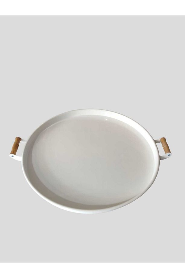 Ahşap Kulplu 50 Cm Yuvarlak Metal Tepsi Kahvaltı Çay Kahve Sunum Tepsisi - 3