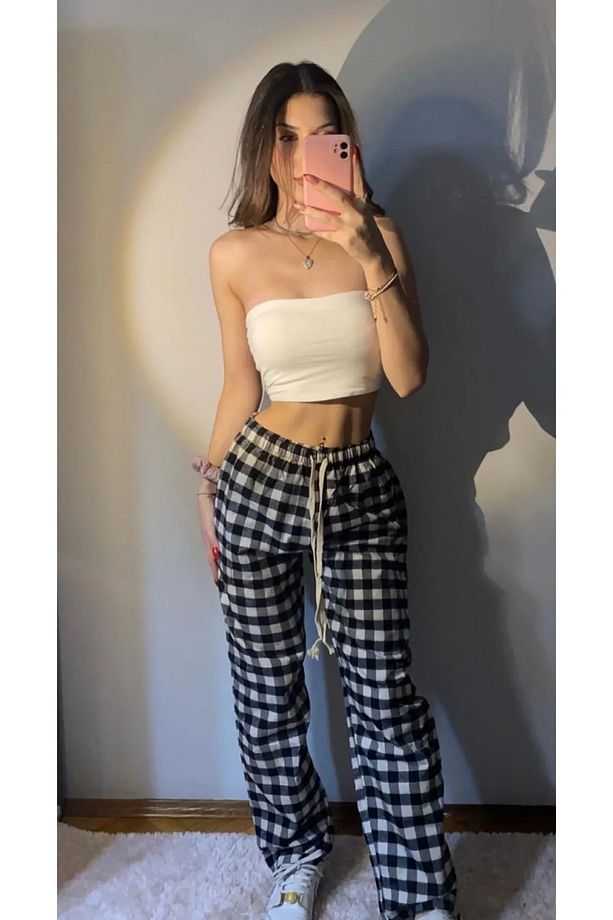 Ekose Model Desenli Siyah Beyaz Kareli Relaxed Unisex Oversize Eşofman Pijama Altı - 3