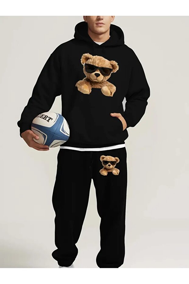 Men's Teddy Bear Printed Tracksuit Set - Hooded Sweatshirt Jogger Tracksuit Bottom Top Set