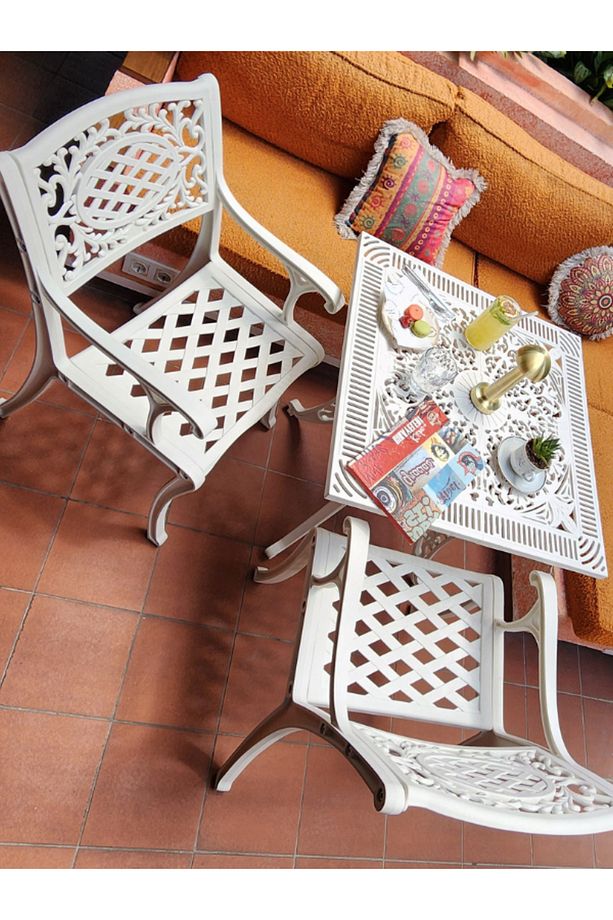 Cunda Model Ferforje Görünümlü Plastik Kare 2'li Masa ve Sandalye Takım Balkon Bahçe Takımı İç/Dış - 5