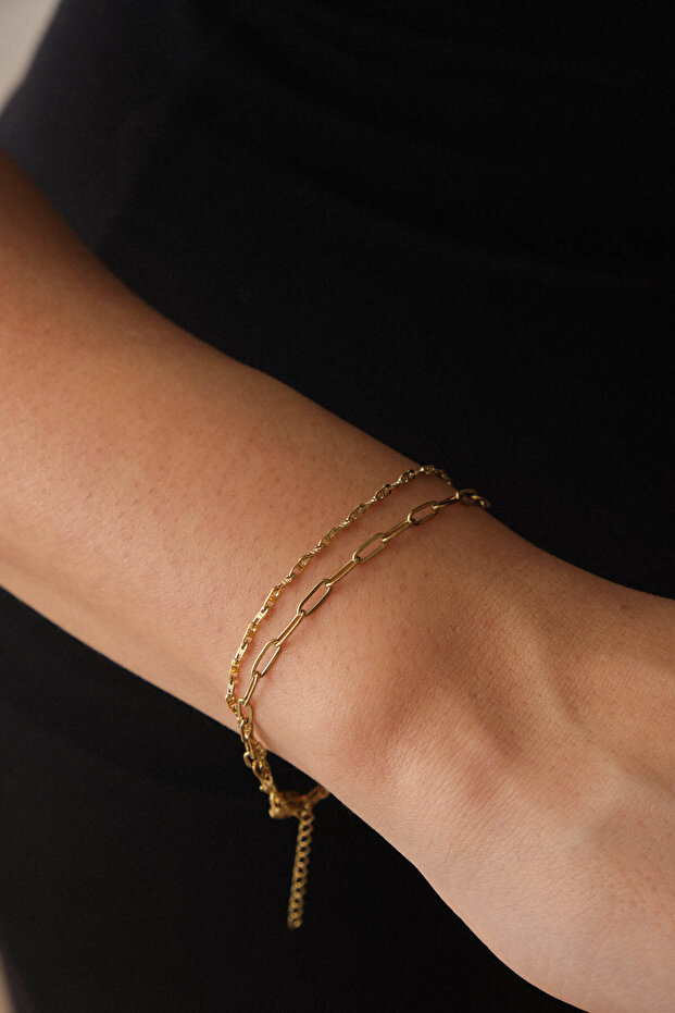 Steel 2-Piece Combination Paperclip and Textured Zipper Chain Bracelet Minimal Tarnish Resistant 17+4cm & 21cm