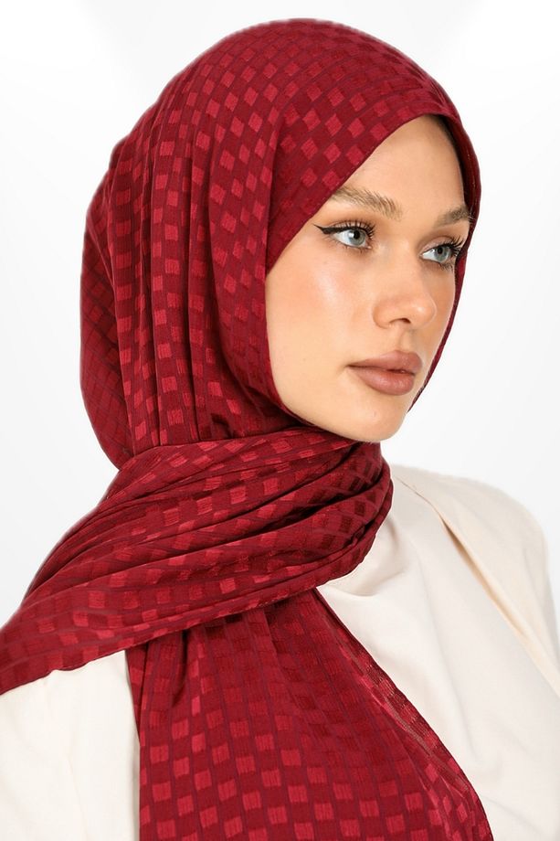İthal Jakar Krep Kare Detaylı Abiye Özel Gün Şalı - New Collections - New Creation - Bordo - 1