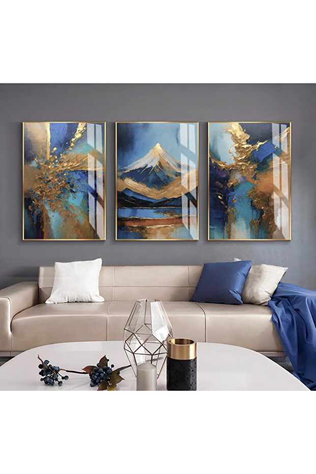 Hari̇kabi̇rev | Dark Blue-Gold Abstract Mountain Landscape Combination | Framed Glass Table 3 Pieces Vertical