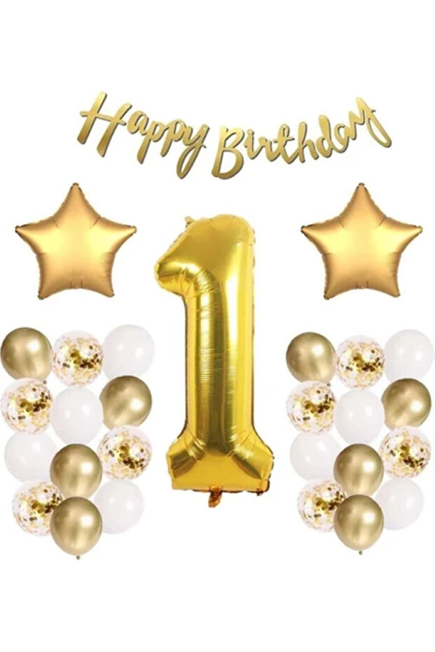 Gold Konsept 1 Yaş Doğum Günü Kutlama Seti Balon Bandı Hediyeli - 1