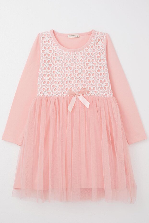 Kız Çocuk Uzun Elbise Çiçek Güpür Nakışlı 4-8 Yaş, Pembe - 1