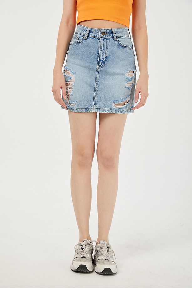 Kadın Yüksek Bel Yırtık Detaylı  Mini Kot Denim Mavi Etek - 3