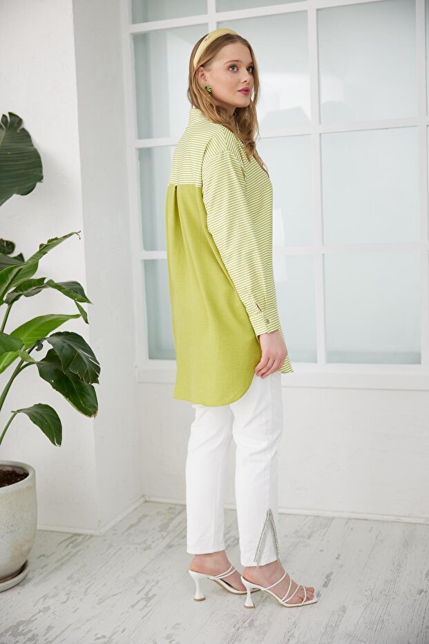 Cebi Pullu Çizgili Gömlek - Asit Sarısı - 4