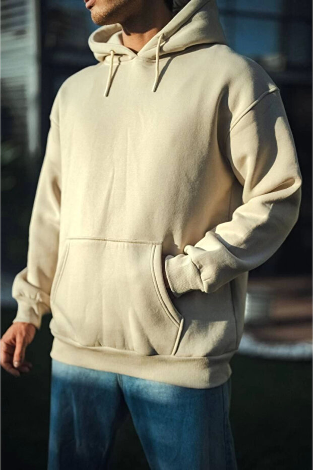 Beige Colored Hooded Basic Sweatshirt - Three Thread Combed Cotton - 3