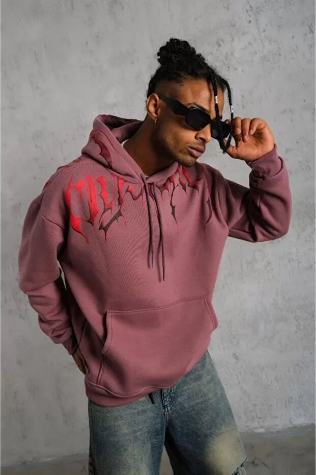 Men's Front and Back Printed Hooded 3 Thread Sweatshirt - Dried Rose