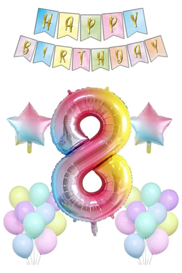 Gökkuşağı Konsepti 8 Yaş Doğum Günü Parti Kutlama Seti Rakam Ve Yıldız Folyo Banner Ve Makaron Balon - 1
