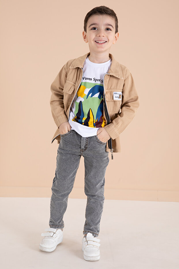 Cream Zippered Jacket and T-Shirt Boys' 3-Piece Top and Bottom Set 19963