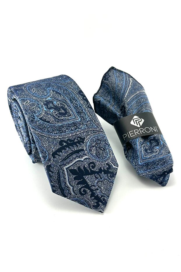 Navy Blue Shawl Patterned Handkerchief Tie - 1