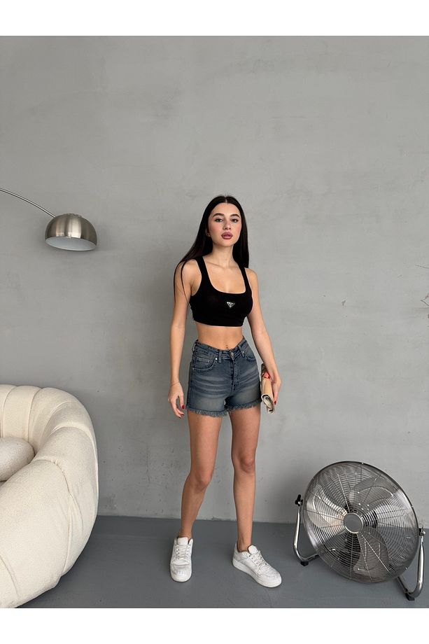 Kadın Yüksek Bel Paçası Püsküllü Denim Kot Şort - 5