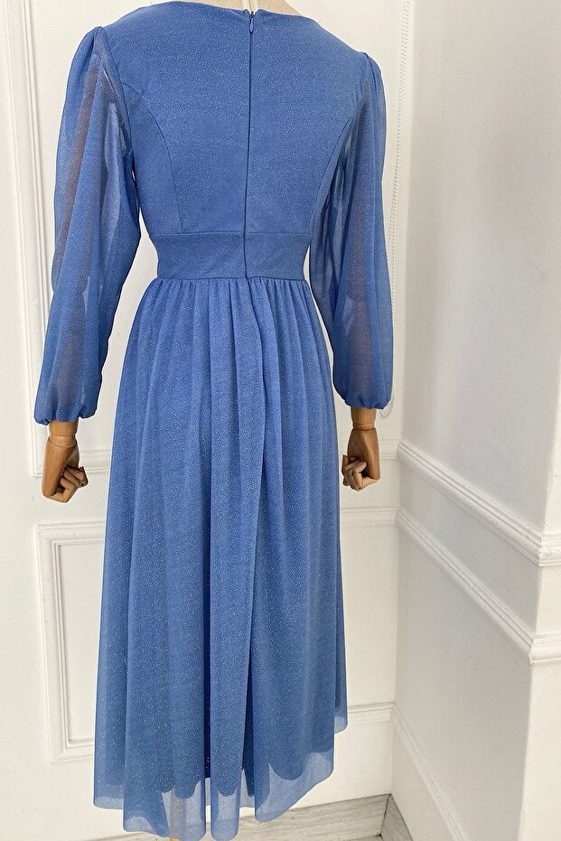 M1986 Simli V Yaka Elbise Mavi - 3