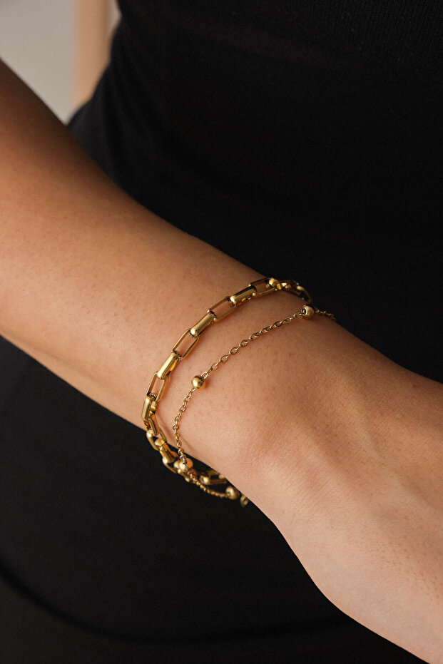 Steel 2-Piece Combination Ball and Paperclip Rectangular Chain Bracelet Minimal Tarnish Resistant 17+4cm & 21cm
