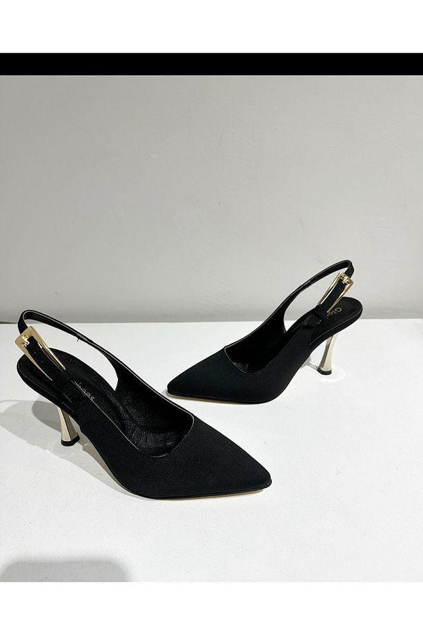 Siyah saten 9 cm topuklu tokalı ayakkabı 01010 - 2