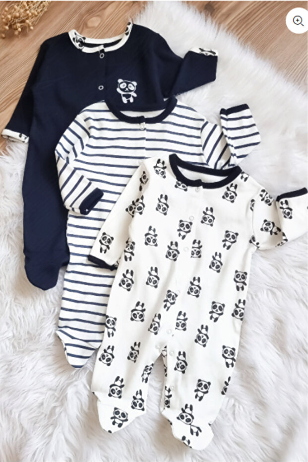 100% Cotton Panda Patterned 3-Piece Footed Jumpsuit (GIRL - BOY - NEWBORN)