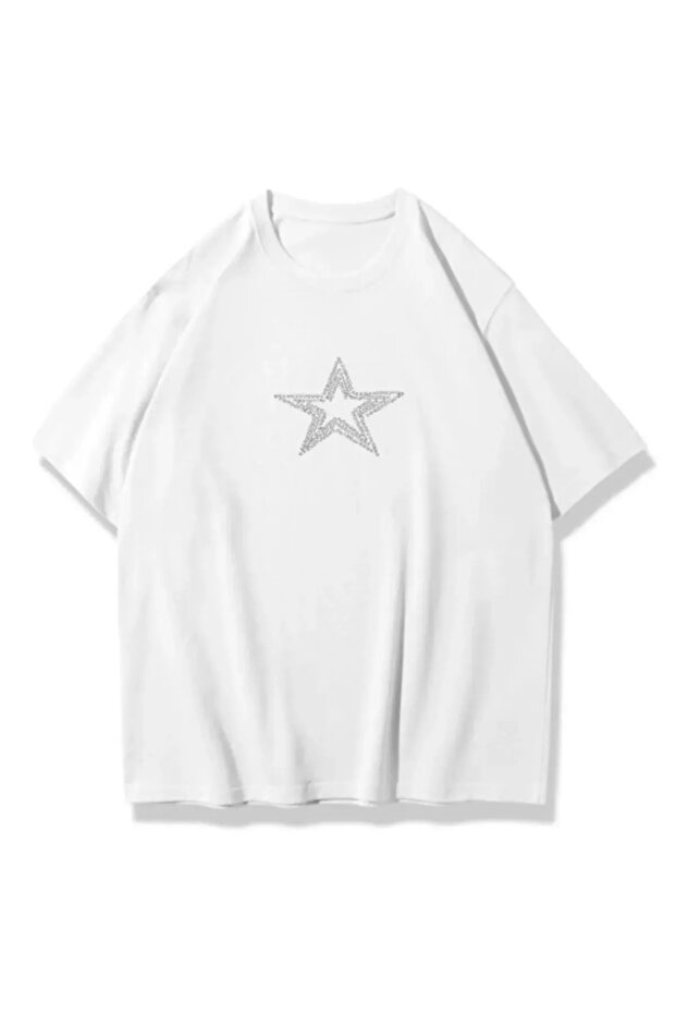 Harajuku Star Stroke Detail Unisex Oversize Shining Stone Printed Tshirt