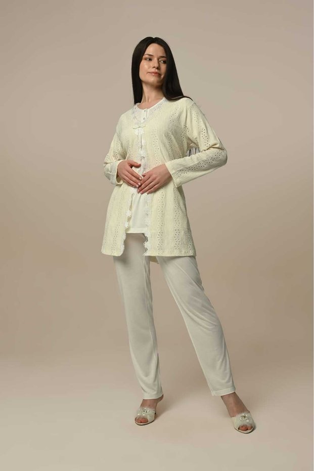 Women's Cream Lace Design Short Sleeve 100% Cotton Maternity Maternity Dressing Gown Pajamas Set Set